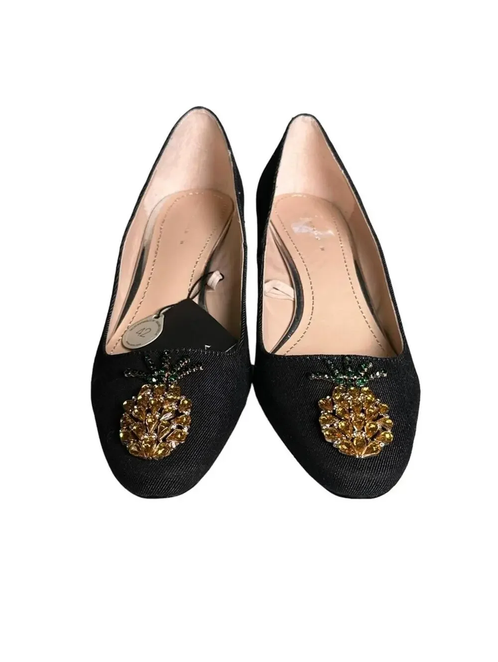 Zara Pineapple Embellished Denim Block Heel Pumps NWT Sz 38